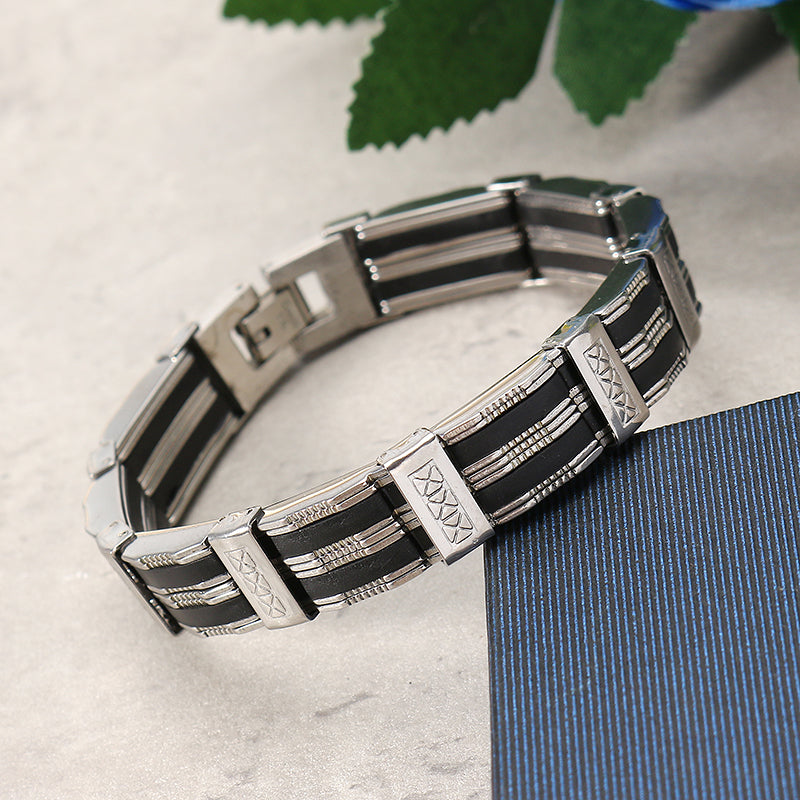 Punk Black Silicone Silver Stainless Steel Chain Wristband Bracelet for Men