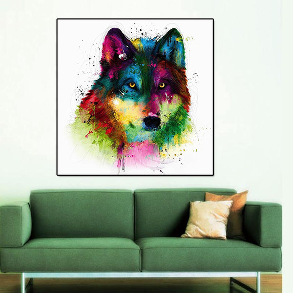 Miico Hand Painted Oil Paintings Abstract Colorful Wolf Head Wall Art For Home Decoration Painting