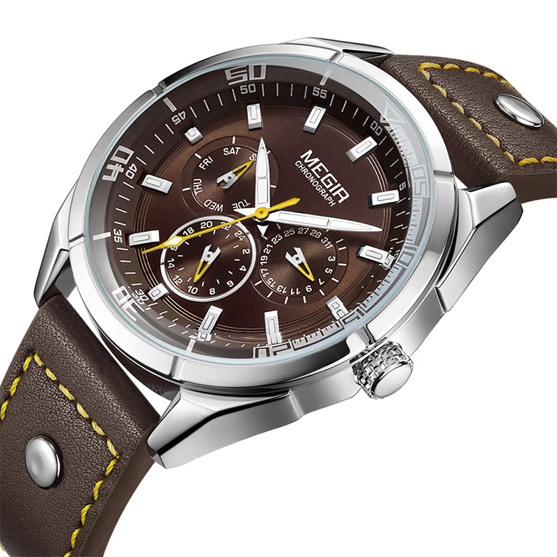 MEGIR ML2072G Men Watch Luminous Display Calendar Watch Leather Sport Style Quartz Wristwatches