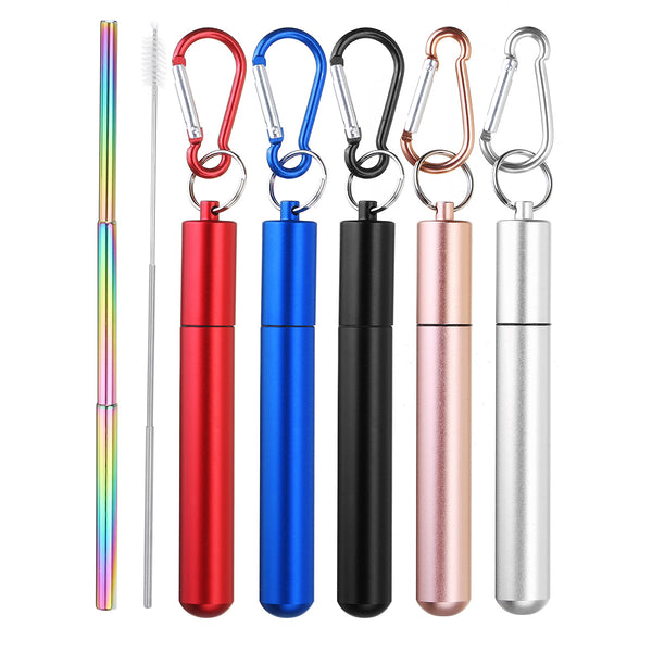 Telescopic Reusable Drinking Straw Portable 3 Fold Stainless Steel Metal with Cleaning Brush