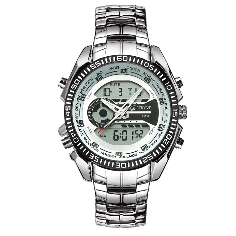 STRYVE S8016 Stainless Steel Calendar Stopwatch Chrono Alarm LED Dual Display Digital Watch