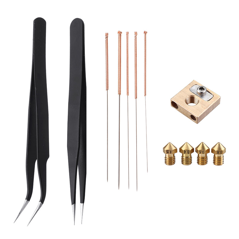 UM3 M6 Brass Heating Block + 0.25/0.4/0.6/0.8mm Nozzle + Cleaning Needle Kit for 3D Printer