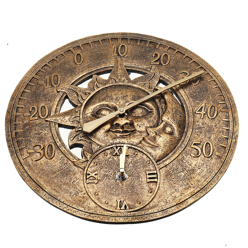 Waterproof Outdoor Indoor Garden Wall Station Clock Thermometer 12 Inch Sun And Moon