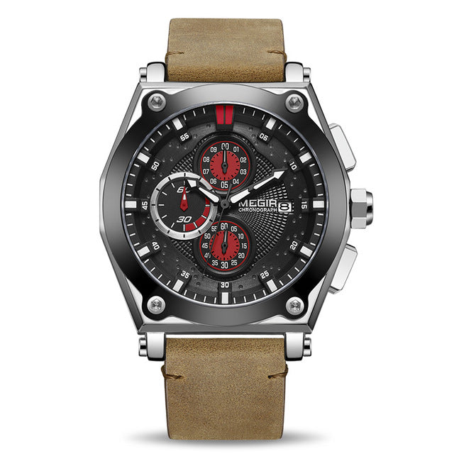 MEGIR 2098 Sports Chronograph Date Waterproof Quartz Watch Leather Strap Men Wrist Watch