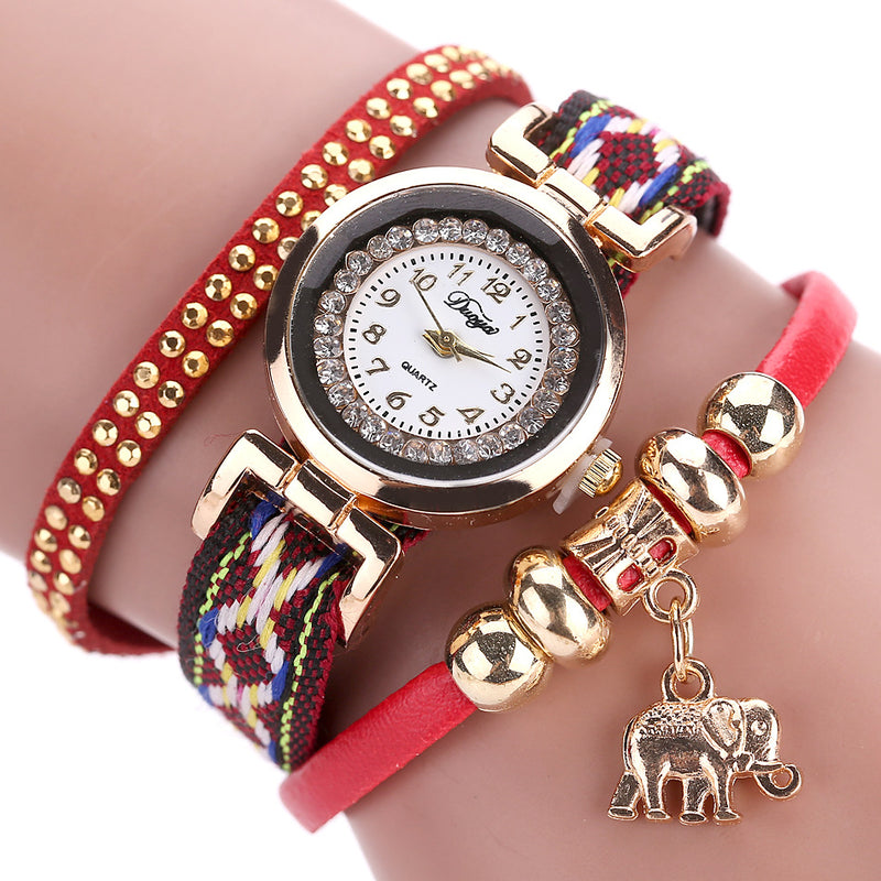 DUOYA XR1889 Fashionable Gold Elephant Ladies Bracelet Watch Leather Strap Quartz Watches