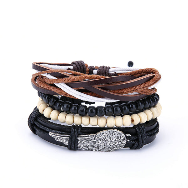 Punk Men Multilayer Leather Bracelets Vintage Braided Woven Wing Charm Black White Beads Bracelet