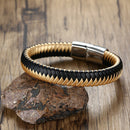 Black Gold Leather Woven Bracelet Men's Stainless Steel Chain Magnet Buckle Men's Jewelry