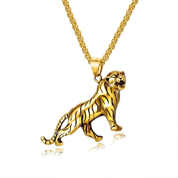 Personality Domineering Gold Silver Men's Chain Necklace Tiger Titanium Steel Pendant
