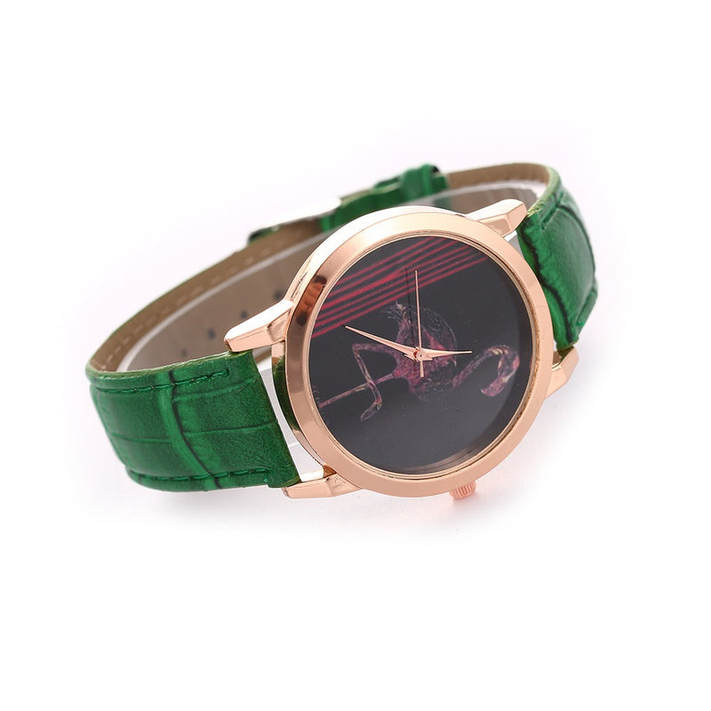 Red-crowned Crane Pattern Colorful Leather Strap Fashion Men Quartz Watch