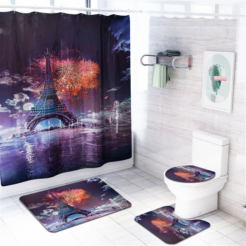 Firework Waterproof Bathroom Shower Curtain Panel Floor Mat Toilet Seat Cover
