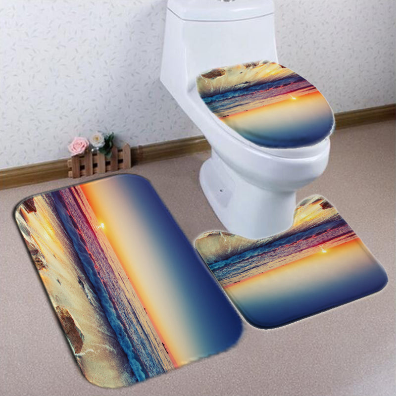 Waterproof Shower Curtain Non-Slip Rug Three Set  Bathroom Decor Blue Ocean Sunset