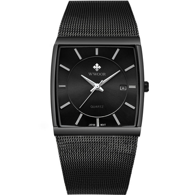 WWOOR 8831 Square Dial Luminous Display Men Wrist Watch Mesh Steel Calendar Quartz Watch