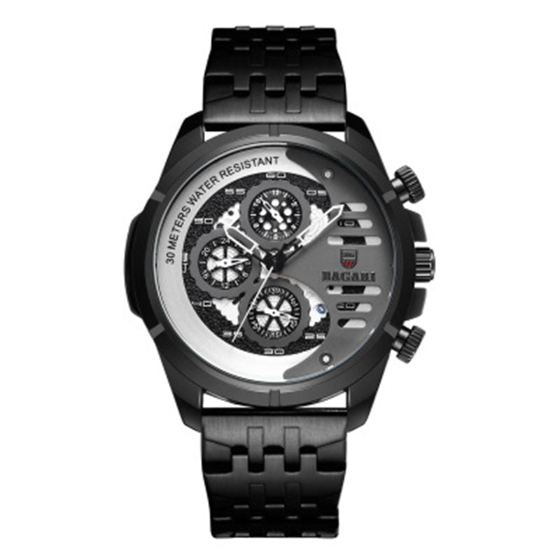 BAGARI 1822G All Dial Work Military Style Stainless Steel Strap Luminous Calendar Men Watch Quartz Watch