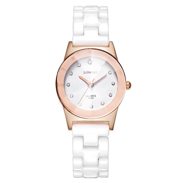 LONGBO 8631 White Ceramic Diamond Couple Watch Waterproof Casual Style Unisex Quartz Watch