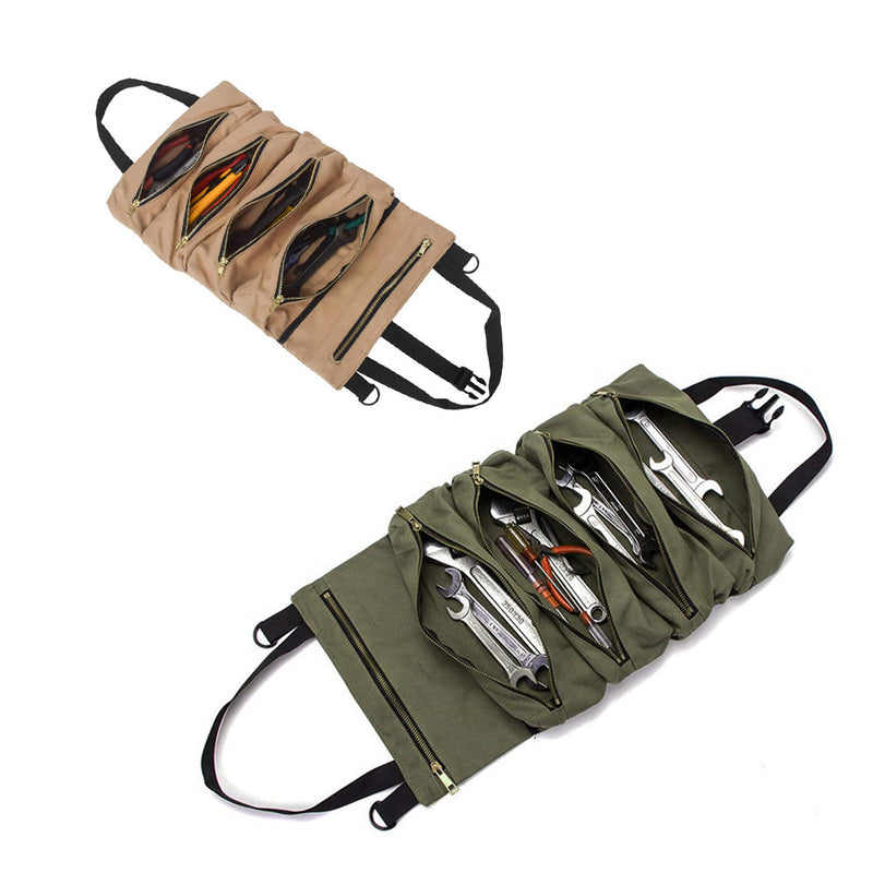5 Pockets Tool Roll Bag Large Wrench Big Tool Roll Up Bag Canvas Tool Car Organizer