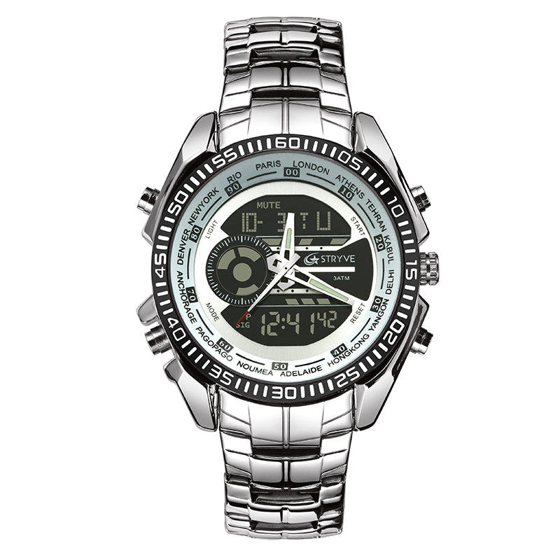 STRYVE S8016 Stainless Steel Calendar Stopwatch Chrono Alarm LED Dual Display Digital Watch