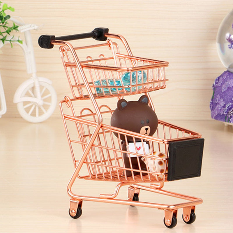 Children Mini Metal Shopping Trolley Kids Pretend Role Play Desktop Organizer Toy