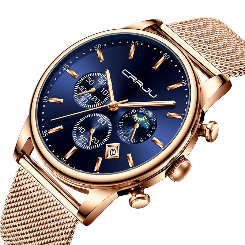 CRRJU 2266 Fashion Full Steel Mesh Calendar Chronograph 24hours Men Quartz Watch