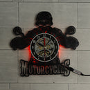 Motorcycles Skull Vinyl Record Wall Clock With LED Illumination Motorbike Biker Skull Wall Hanging Decorative Lighting