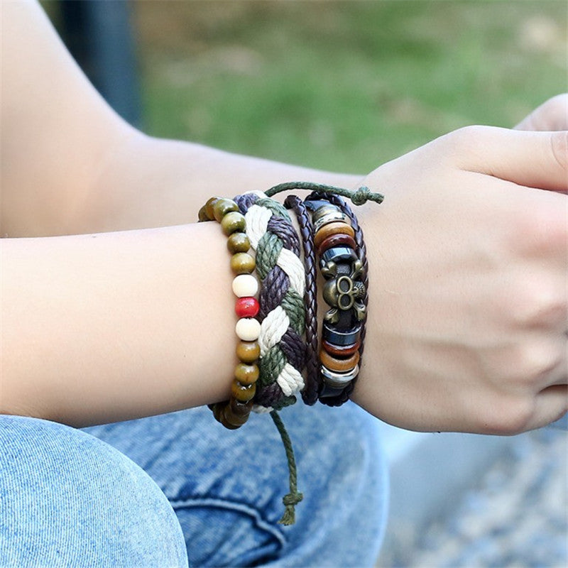 Retro Multilayer Braided Leather Rope Skull Bracelet Adjustable Wristhand for Men