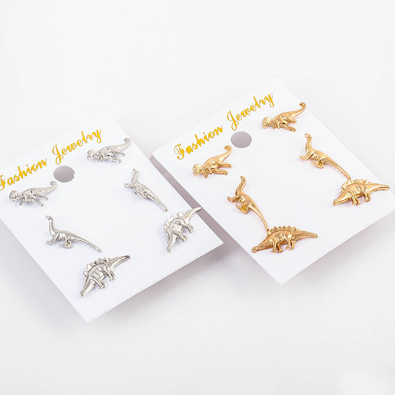 Cute Dinosaur Stud Earring Silver Gold Animal Ear Stud One Set of Sweet Earrings Jewelry for Women