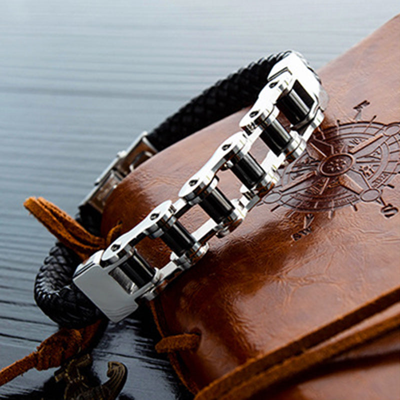 Leather Rope Woven Leather Stainless Steel Locomotive Chain Bracelet