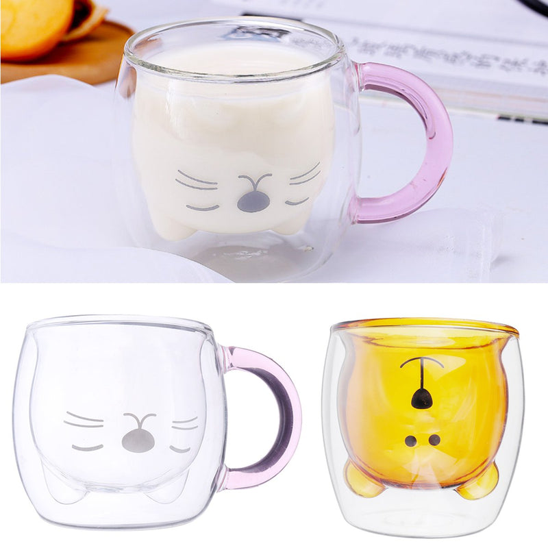Cat Bear Glass Cup Double Wall Clear Tea Coffee Milk Drink Mug Container Decor