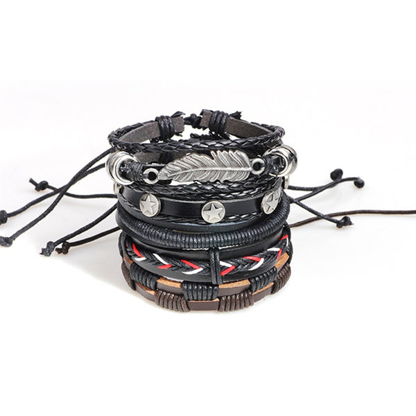 Adjustable Multilayer Retro Men Bracelet Vintage Stretch PU Leather Row Set Woven Wristband