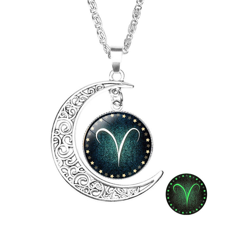 Retro Style Pendant Necklace Luminous 12 Constellation Crescent Necklace Gift For Girl