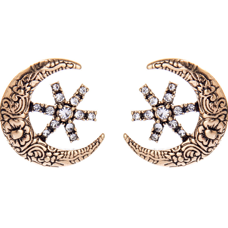 Star-Studded Moon Flower Embossed Earrings Female Retro Style