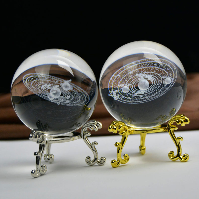 6cm Engraved Solar System Ball 3D Miniature Planets Model Crystal Ball Decorations + Stand
