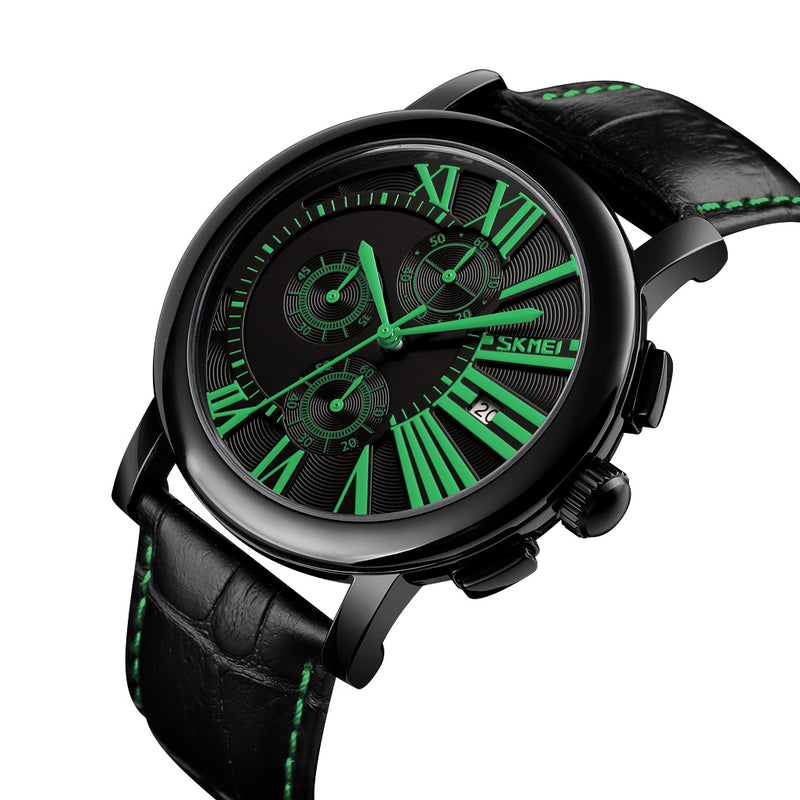 SKMEI 9196 Men Fashion Leather Strap Stopwatch Date Display Roman Numerals Sport Quartz Watch