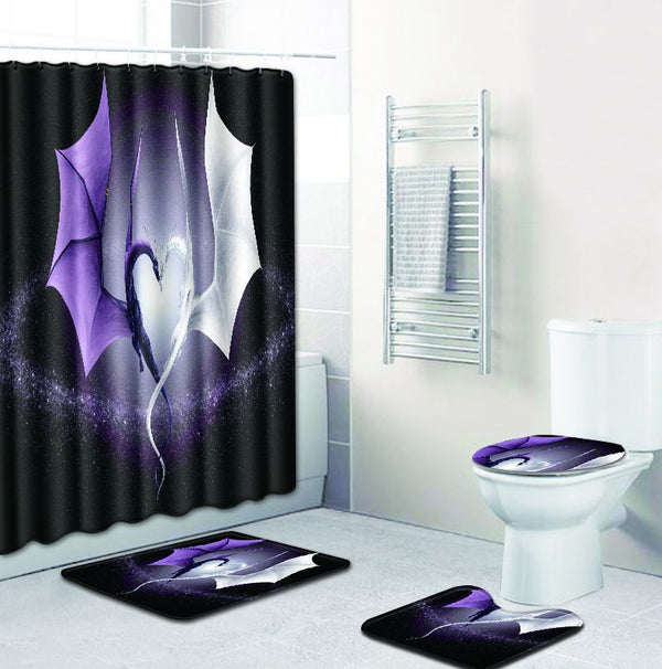 Shower Curtain Bath Pad Pedestal Rug Lid Toilet Cover Dragon Pattern Modern