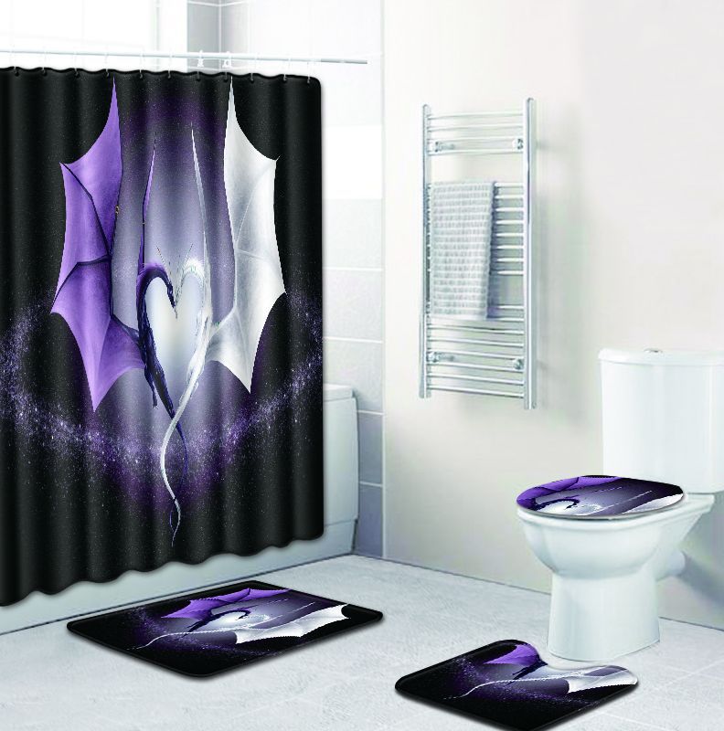 Shower Curtain Bath Pad Pedestal Rug Lid Toilet Cover Dragon Pattern Modern