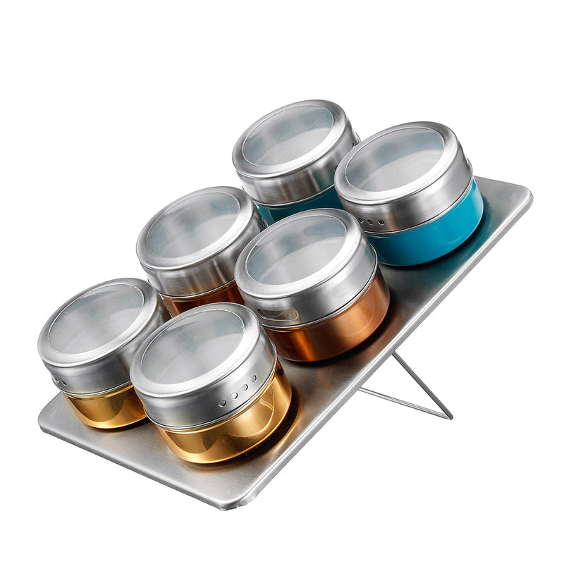 6Pcs Magnetic Spice Jar Tin Storage Stainless Steel Rack Kitchen Holder Stand