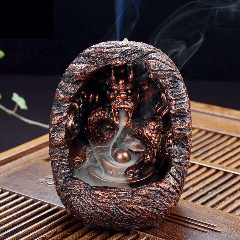 Dragon Backflow Burner Cone Incense Holder Resin Censer Buddhist Ceramic Smoke Burner Holder Buddhist Gift Home Decorations with 1Bag Cones