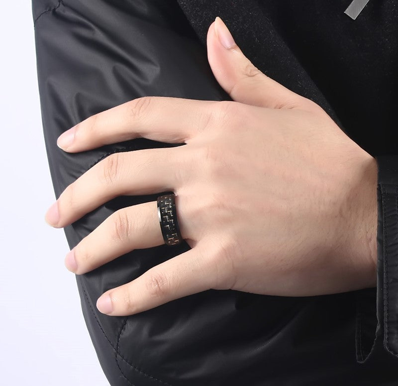 8mm Stainless Steel Carbon Fiber Polished Men Ring Simple Trendy