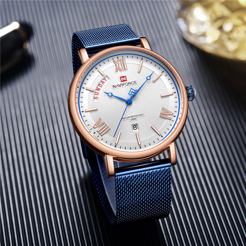 NAVIFORCE 3006 Mesh Steel Band Calendar Quartz Watch Casual Waterproof Men Wrist Watch