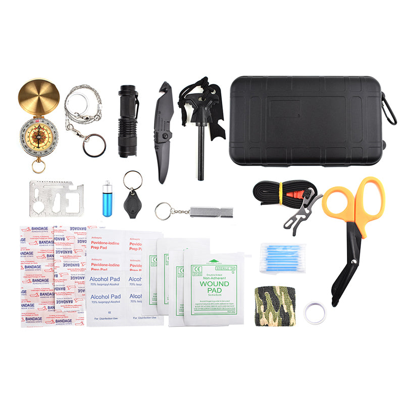 20 In 1 Multifunctional Tools Waterproof Survival Tactical Box Scissors Flashlight Compass Tourniquet Whistle Camping Hiking SOS Emergency Tools