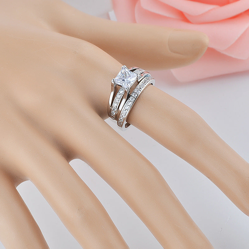 Luxury Geometric Square Diamond Couple Rings High-grade Zircon Ring