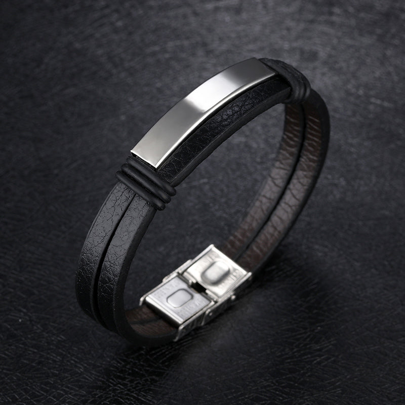 Double Black Stainless Steel Men's Leather Bracelet