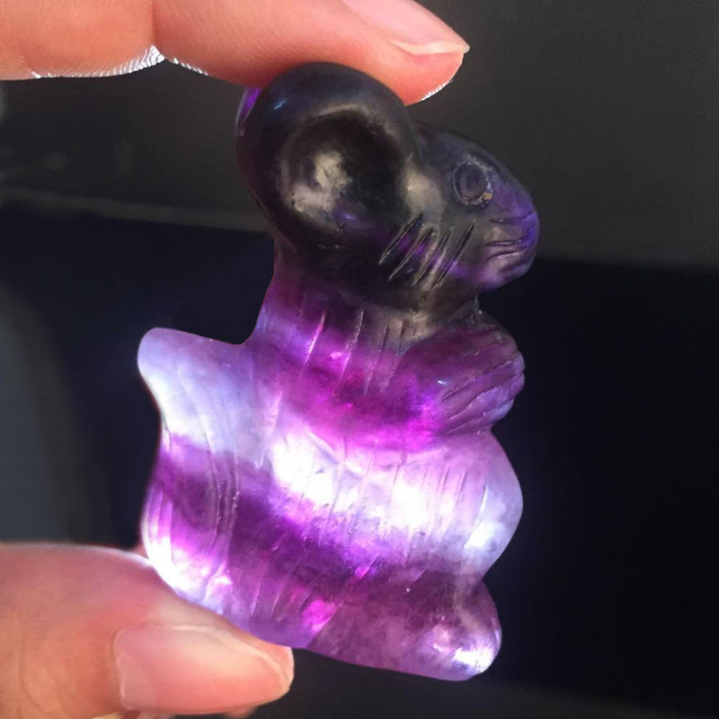 2" Hand Carved Rainbow Fluorite Squirrel Natural Quartz Crystal Skull Healing Decorations