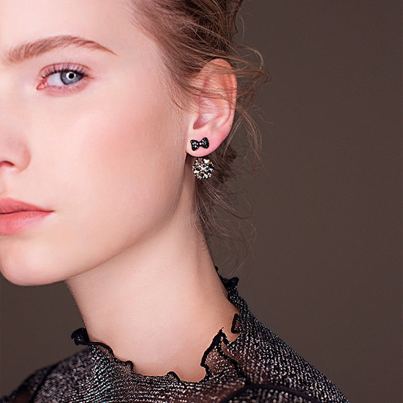 Sweet 925 Sterling Silver Earrings Full Rhinestone Bowknot Ball Stud Earrings for Women