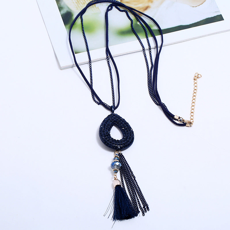 Retro Oval Rhinestone Pendant Long Necklace Velvet Tassels Charm Necklace Ethnic Jewelry for Women