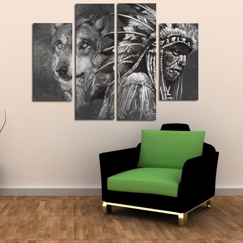 Miico Hand Painted Four Combination Decorative Paintings Indian And Wolf Wall Art For Home Decoration