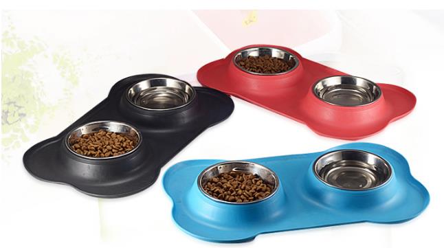 Stainless Steel Pet Bowl with Non-Skid Silicone Mat Feeder Double Bowls Set for Dogs Cats and Pets