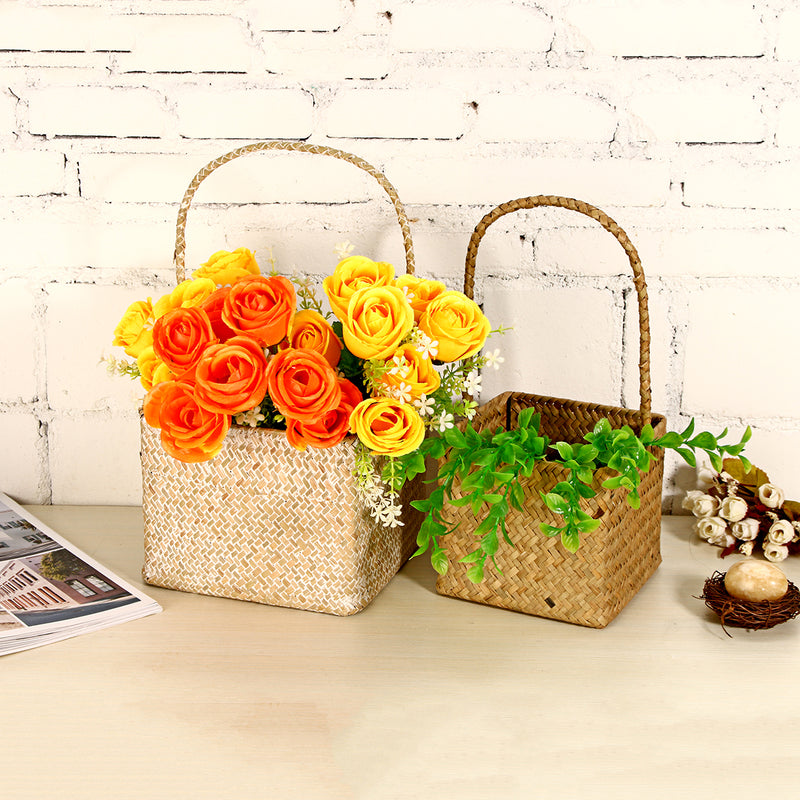 Woven Seagrass Tote Organizer Handle Bag Garden Flower Handmade Plant Pot Plant Baskets Storage Box