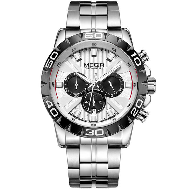 MEGIR 2087 Business Hardlex Mirror Luminous Waterproof Quartz Watch Stainless Steel Men Wrist Watch