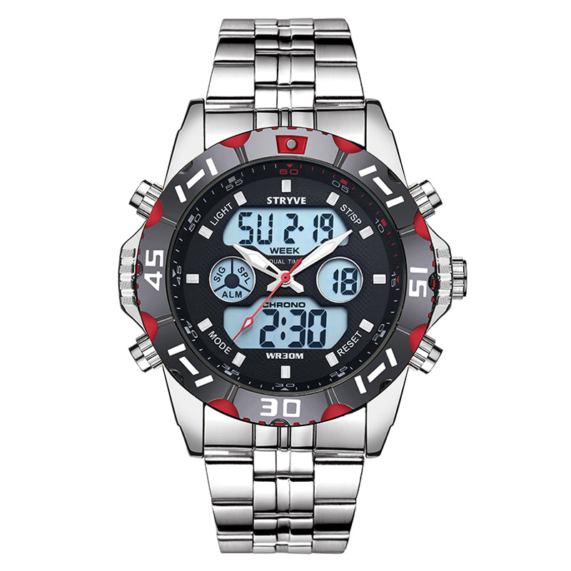 STRYVE S8011 Chronograph Alarm Calendar Stainless Steel Sport Dual Display Digital Watch