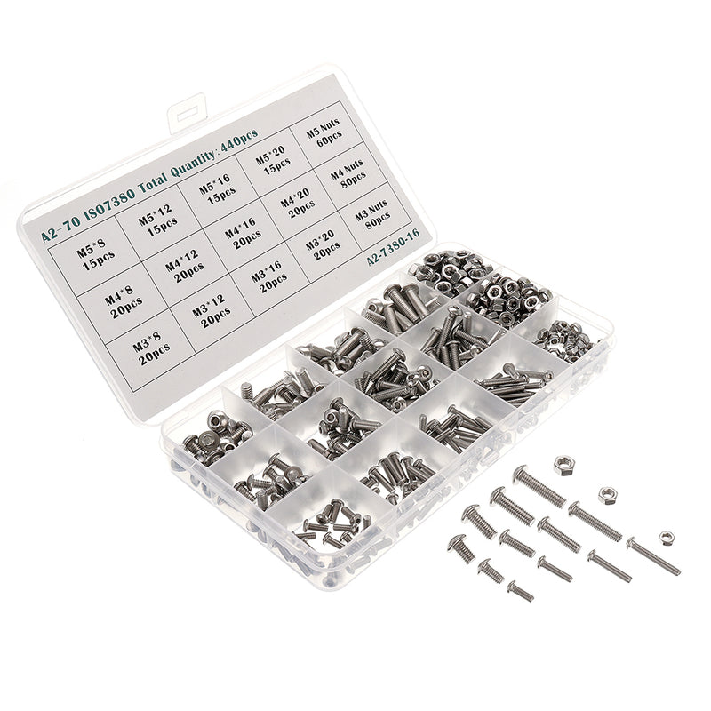 Suleve MXSS6 440Pcs A2 Stainless Steel Round Head Hexagon Screw Nut Kit Set M3 M4 M5